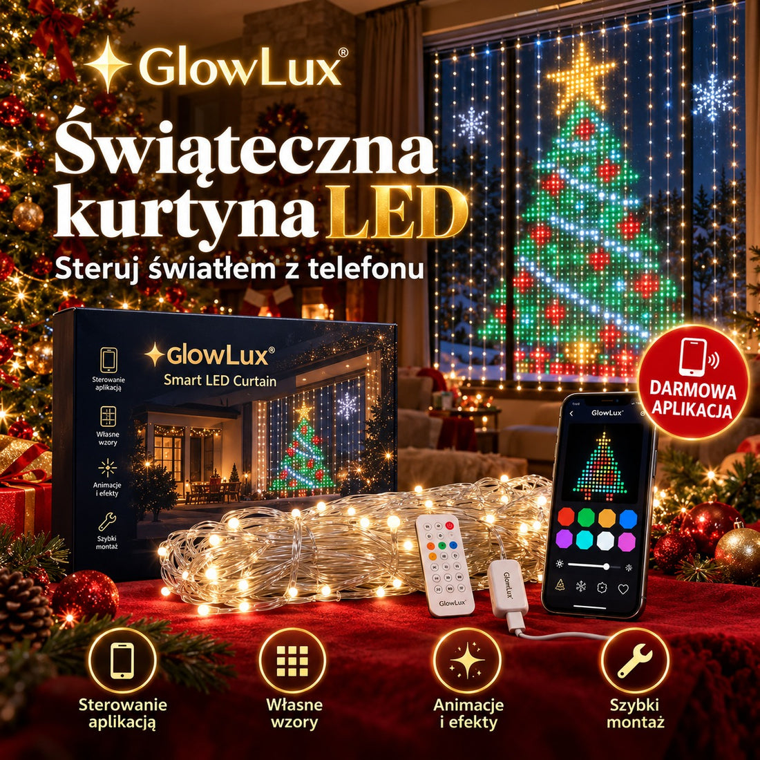 Kurtyna świetlna LED GlowLux – zestaw z aplikacją i pilotem