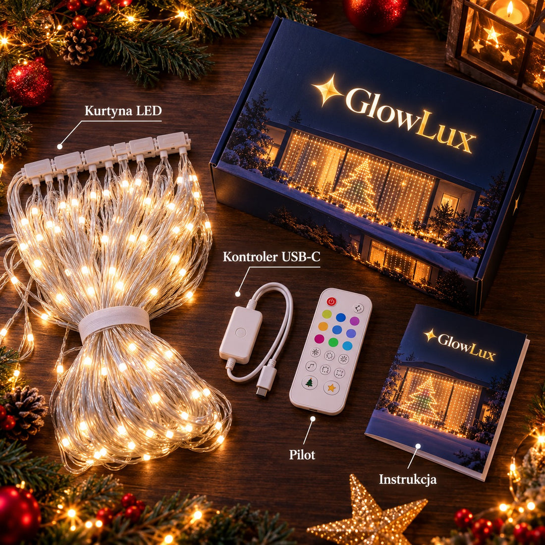 Zawartość zestawu GlowLux: kurtyna LED, kontroler USB-C, pilot, instrukcja